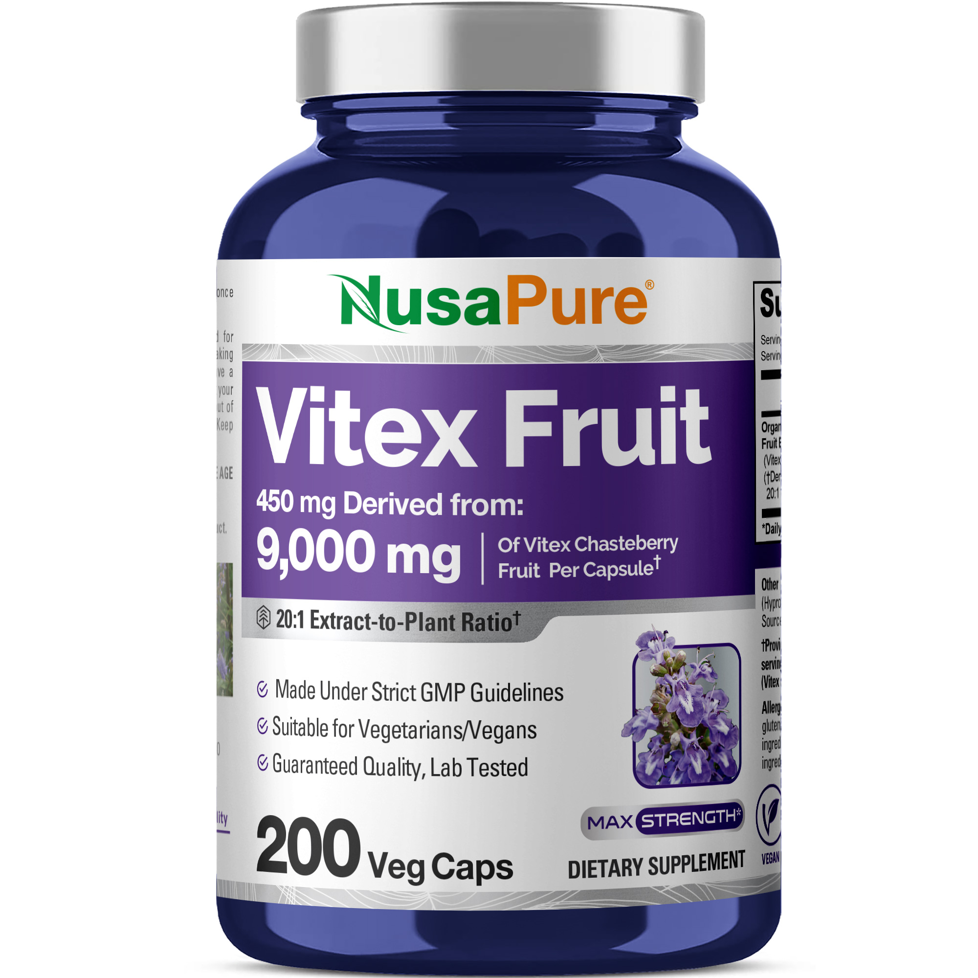 NusaPure Vitex Chasteberry Fruit 20:1 Extract, 450 mg Equivalent to 9,000 mg 200 Vegan Capsules - Non-GMO, Vegan Dietary Supplement
