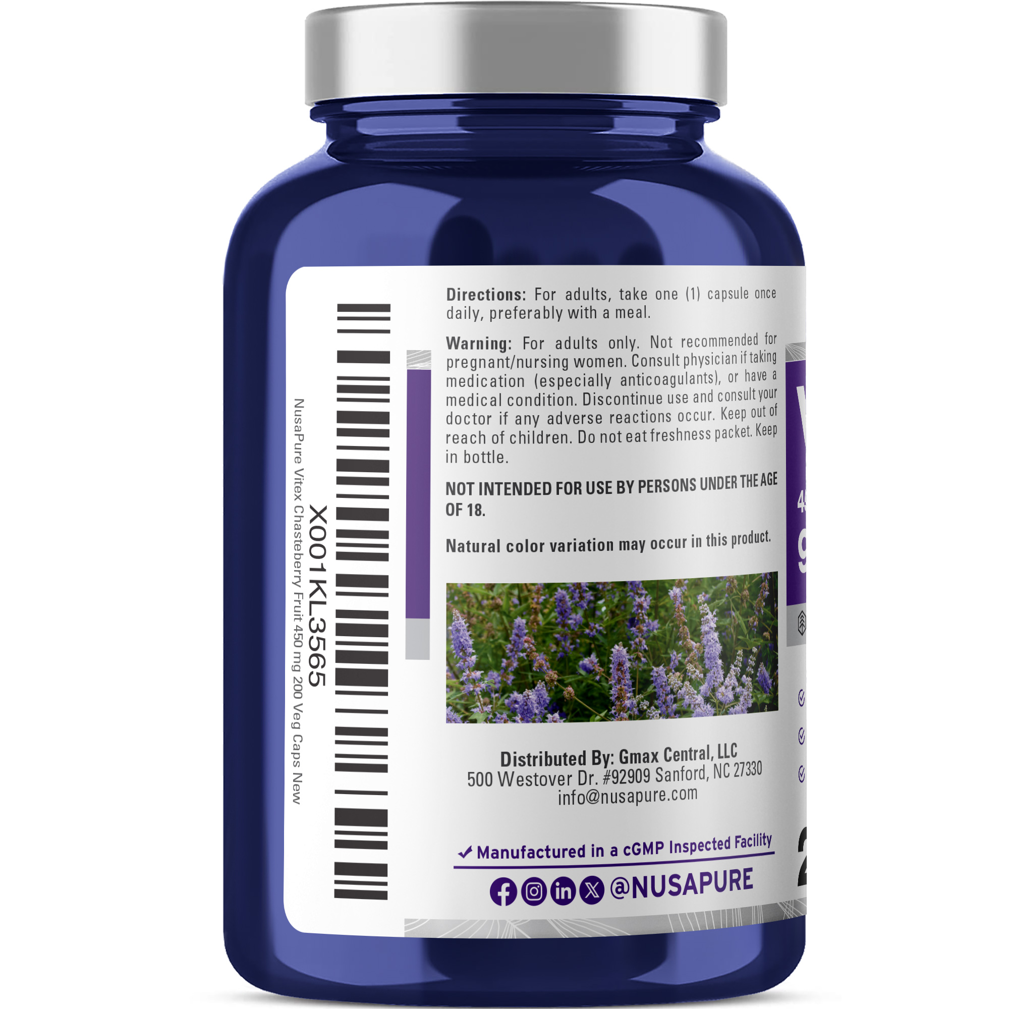 NusaPure Vitex Chasteberry Fruit 20:1 Extract, 450 mg Equivalent to 9,000 mg 200 Vegan Capsules - Non-GMO, Vegan Dietary Supplement - Image 3