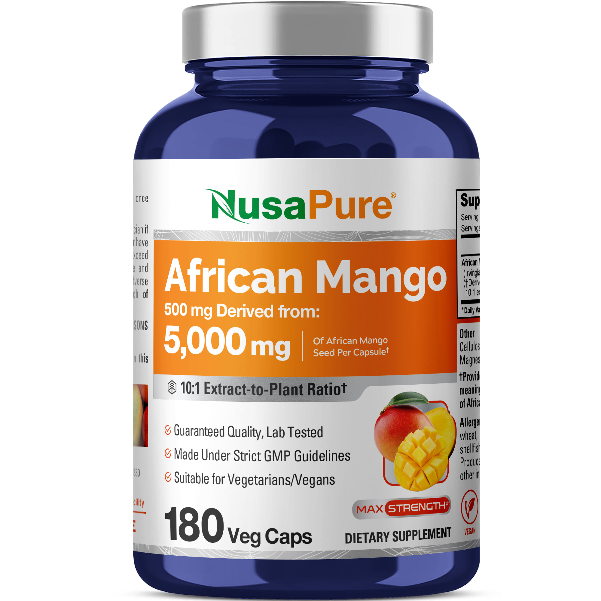 NusaPure African Mango 10:1 Extract, 500 mg Equivalent to 5,000 mg per Veggie Caps 180 Capsules (Non-GMO, Vegan)