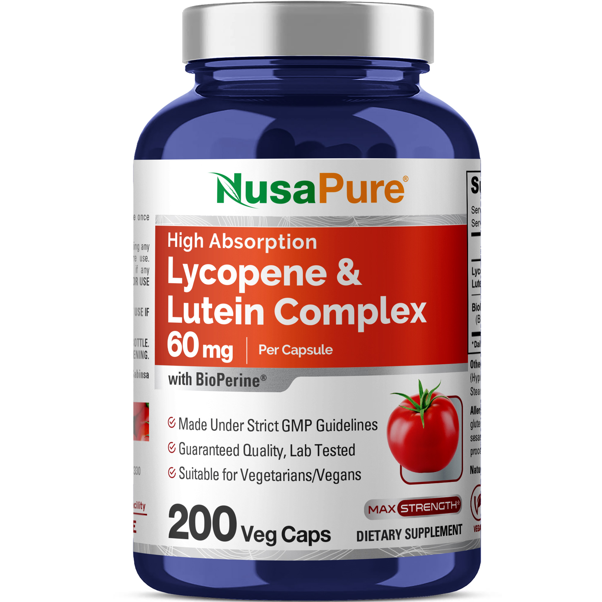 Lycopene & Lutein Complex 60mg - 200 Veg Caps ( 100% Vegetarian, Non - GMO & Vegan )