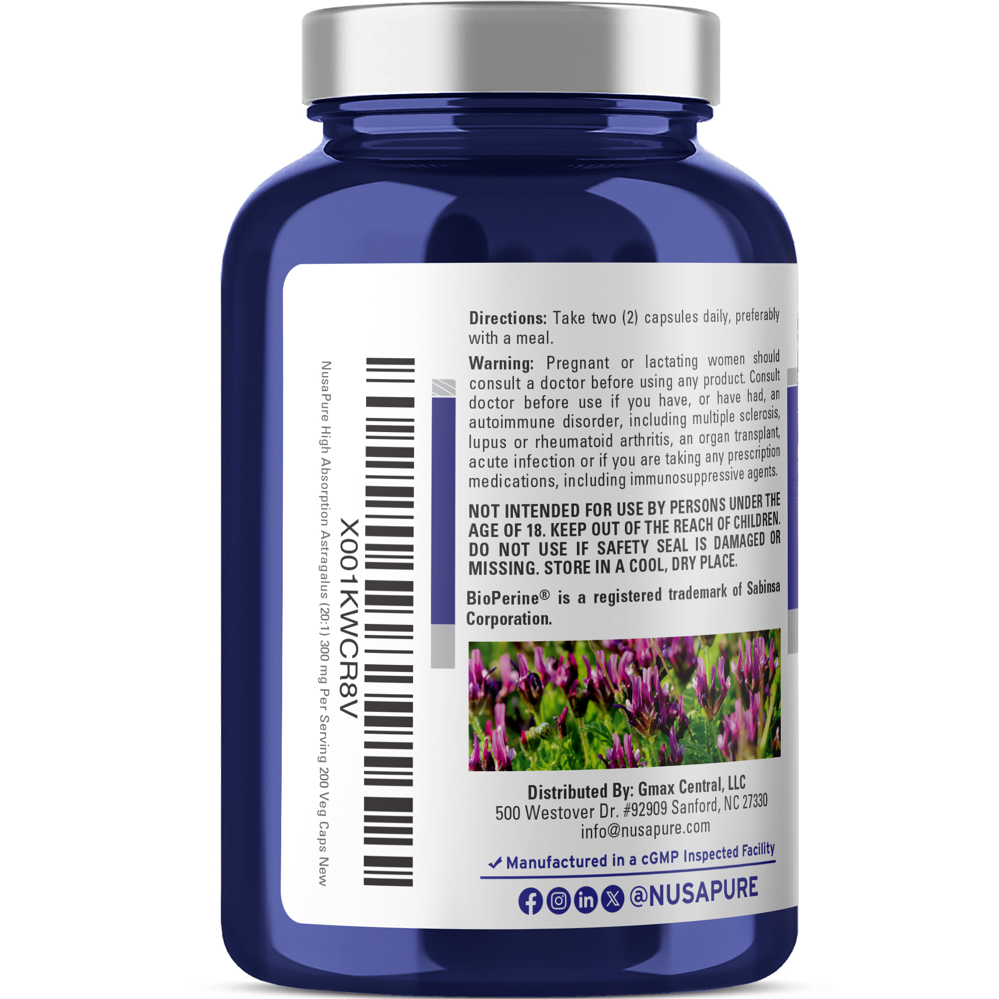 NusaPure Astragalus 20:1 Extract, 300 mg Equivalent to 6,000mg Per Serving, 200 Veggie Capsules, Non-GMO & Bioperine - Image 3