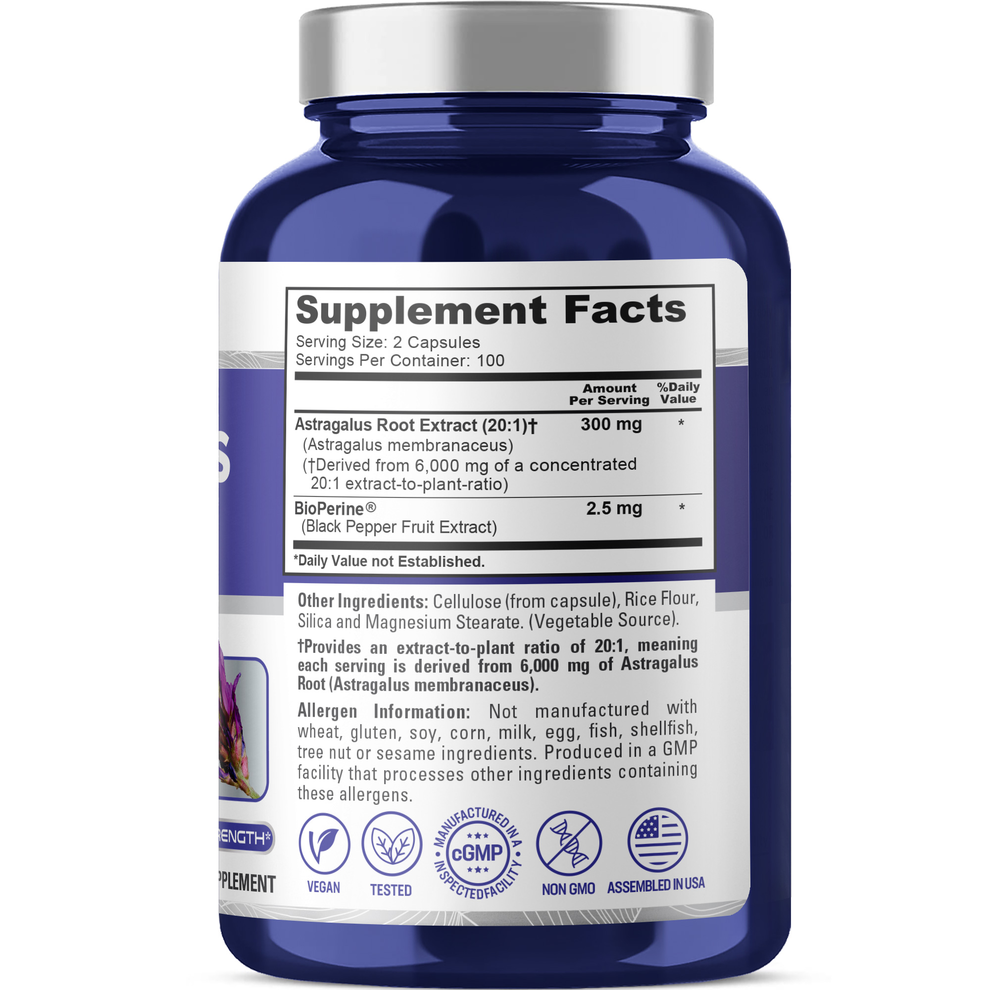 NusaPure Astragalus 20:1 Extract, 300 mg Equivalent to 6,000mg Per Serving, 200 Veggie Capsules, Non-GMO & Bioperine - Image 2