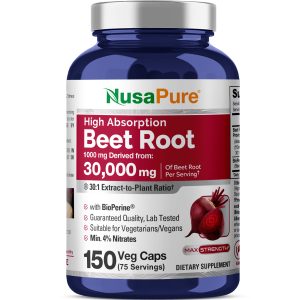 NusaPure Beet Root 30:1 Extract, 1000 mg Equivalent to 30,000 mg 150 Veggie caps (Vegan, Non-GMO & Vegan 4% Nitrates) Bioperine