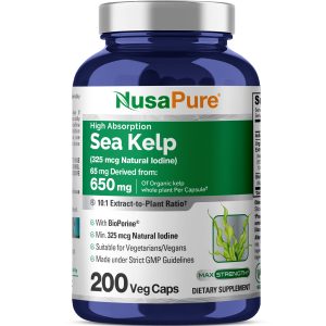 NusaPure Sea Kelp Natural Iodine 325mcg 10:1 Extract, 65 mg Equivalent to 650 mg Capsule 200 Count (Non-GMO, Vegan)