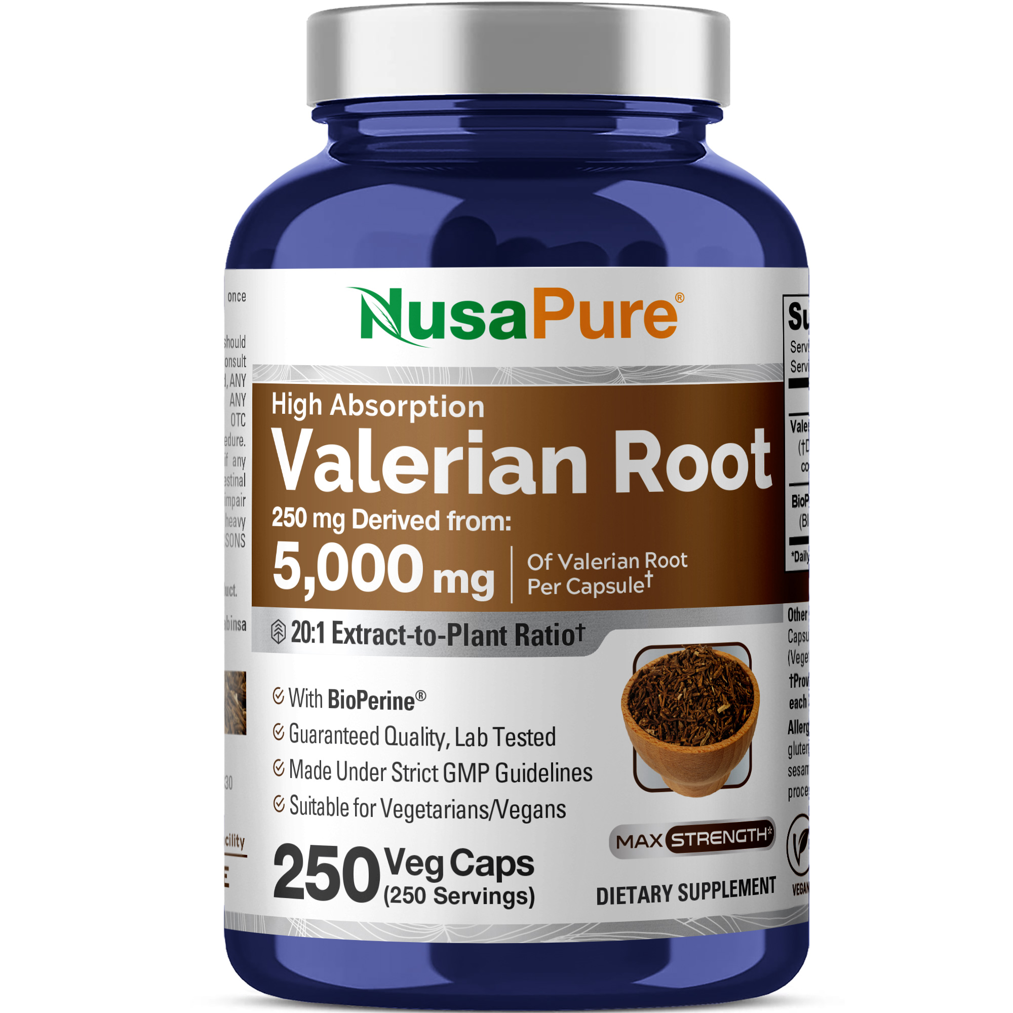 NusaPure Valerian Root 20:1 Extract, 250 mg Equivalent to 5000mg Per Veggie Caps, 250 Count, Vegan, Non-GMO, Bioperine