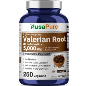 NusaPure Valerian Root 20:1 Extract, 250 mg Equivalent to 5000mg Per Veggie Caps, 250 Count, Vegan, Non-GMO, Bioperine