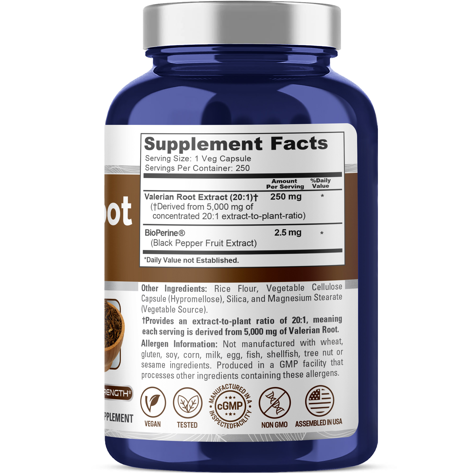 NusaPure Valerian Root 20:1 Extract, 250 mg Equivalent to 5000mg Per Veggie Caps, 250 Count, Vegan, Non-GMO, Bioperine - Image 2
