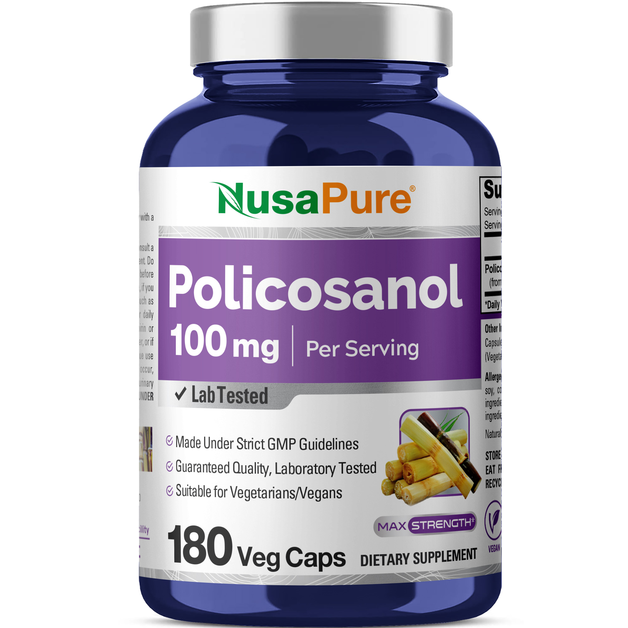 Policosanol 100mg - 180 Veg Caps (100% Vegetarian, Non - GMO)