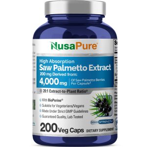 NusaPure Saw Palmetto 20:1 Extract, 200 mg Equivalent to 4,000 mg per Veggie Caps 200 Count Non-GMO, Vegan, Vegetarian, Bioperine