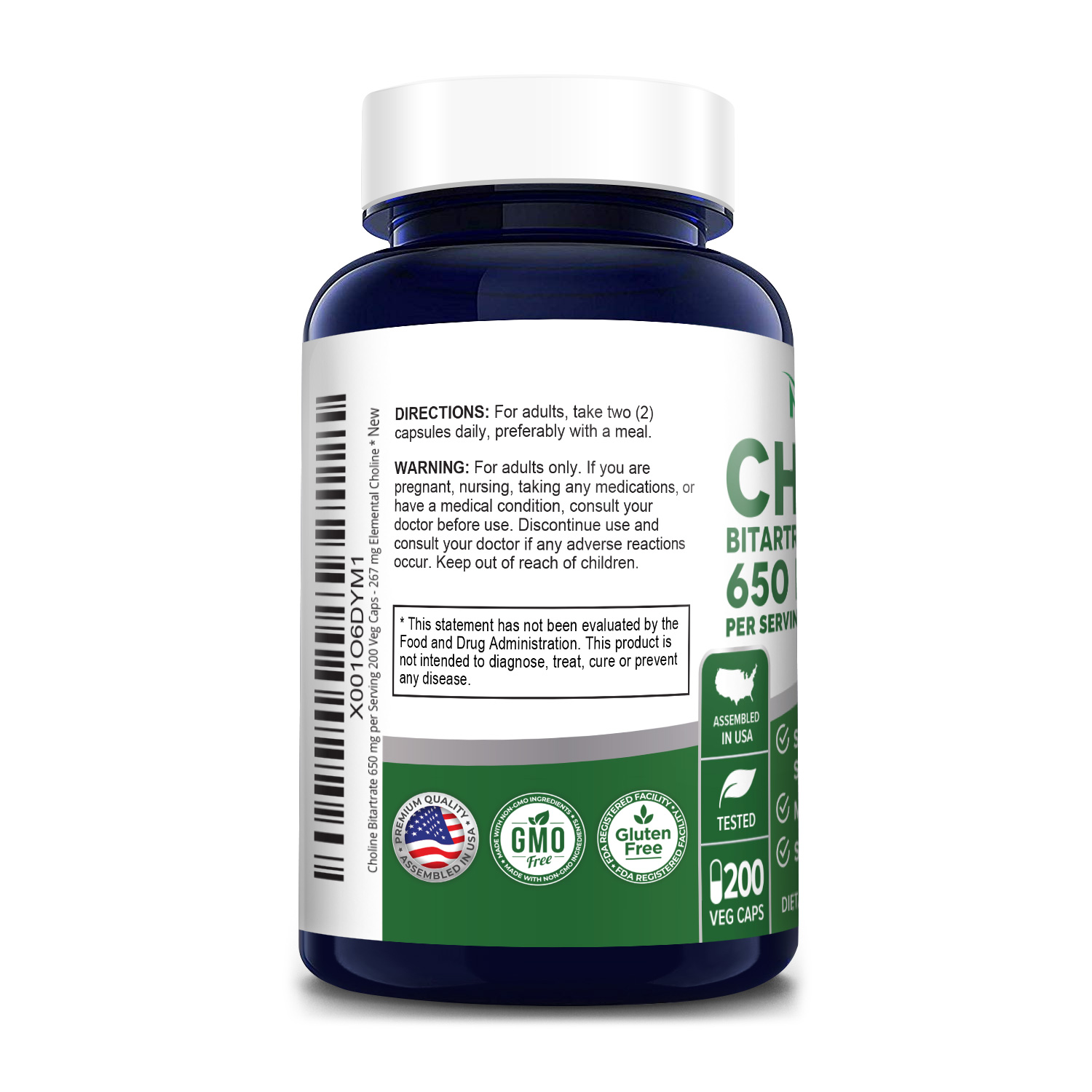 Choline Bitartrate 650 mg 200 Veg Caps (100 Vegetarian, NonGMO