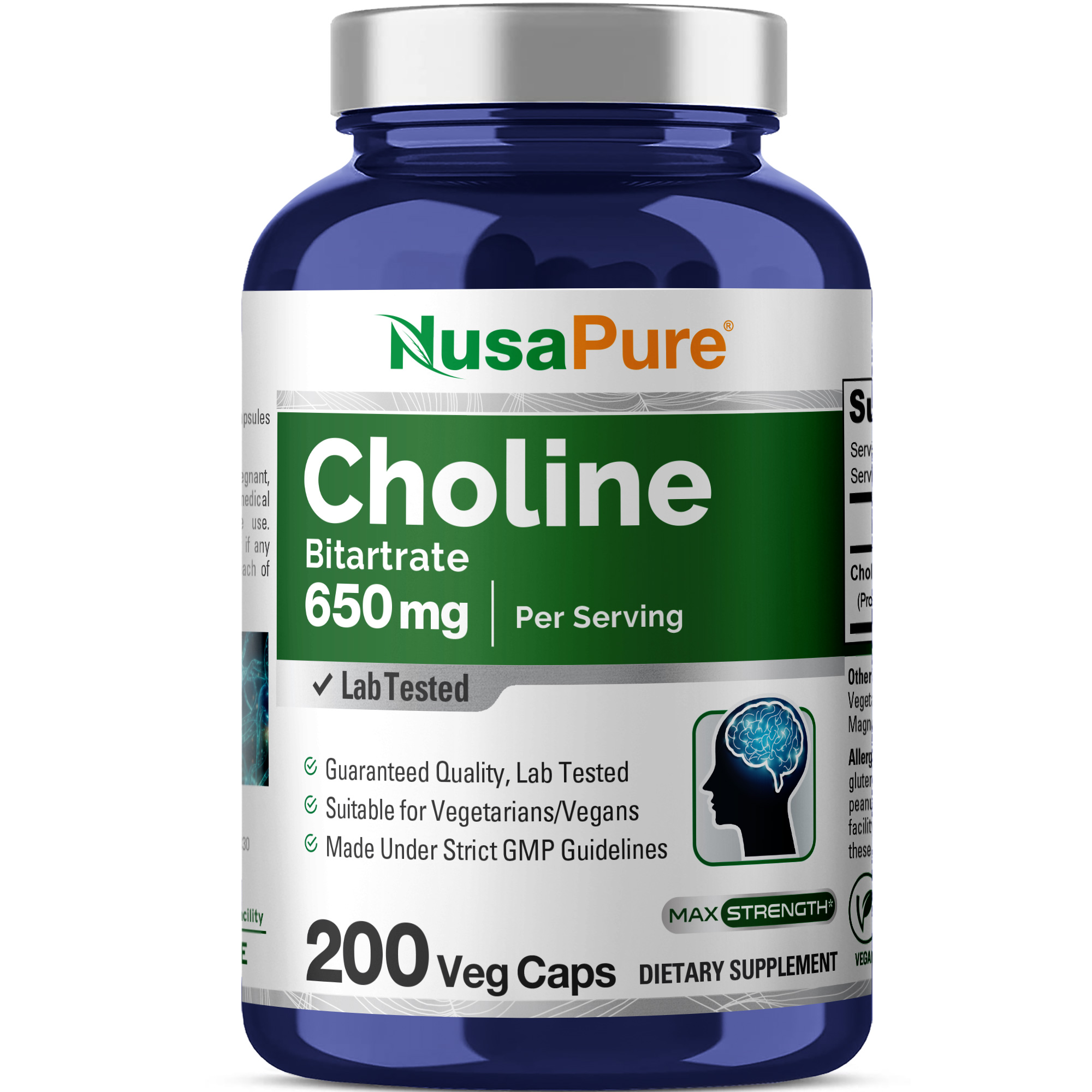 Choline Bitartrate 650mg - 200 Veg Caps (100% Vegetarian, Non - GMO)