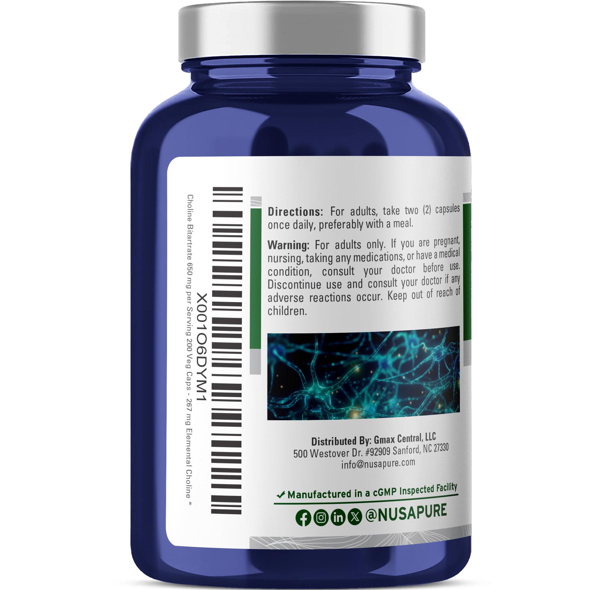 Choline Bitartrate 650mg - 200 Veg Caps (100% Vegetarian, Non - GMO) - Image 3