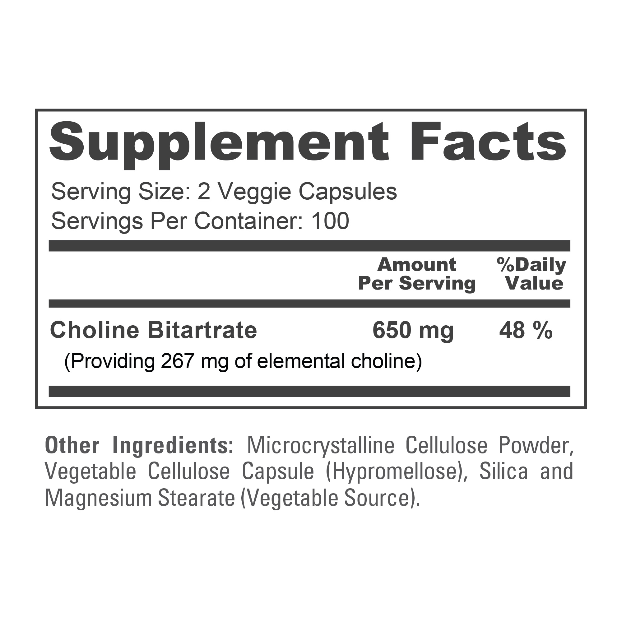Choline Bitartrate 650mg - 200 Veg Caps (100% Vegetarian, Non - GMO) - Image 4