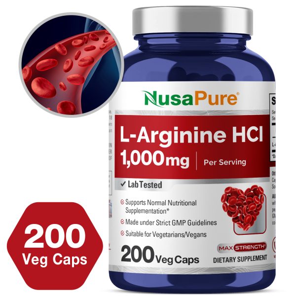 L - Arginine 1000mg - 200 Veg Caps (100% Vegetarian, Non - GMO)