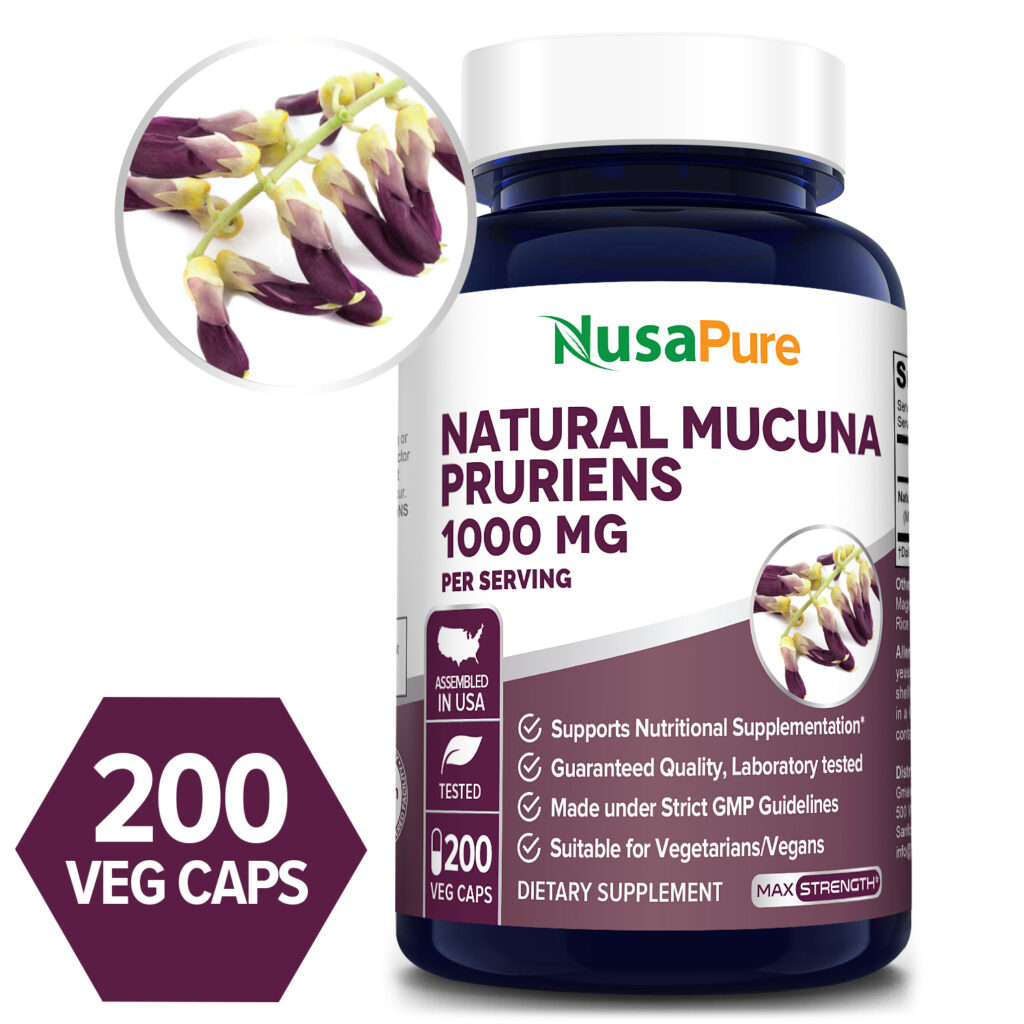 Natural Mucuna Pruriens 1000mg 200 Veg Caps ( 100 Vegetarian, Non