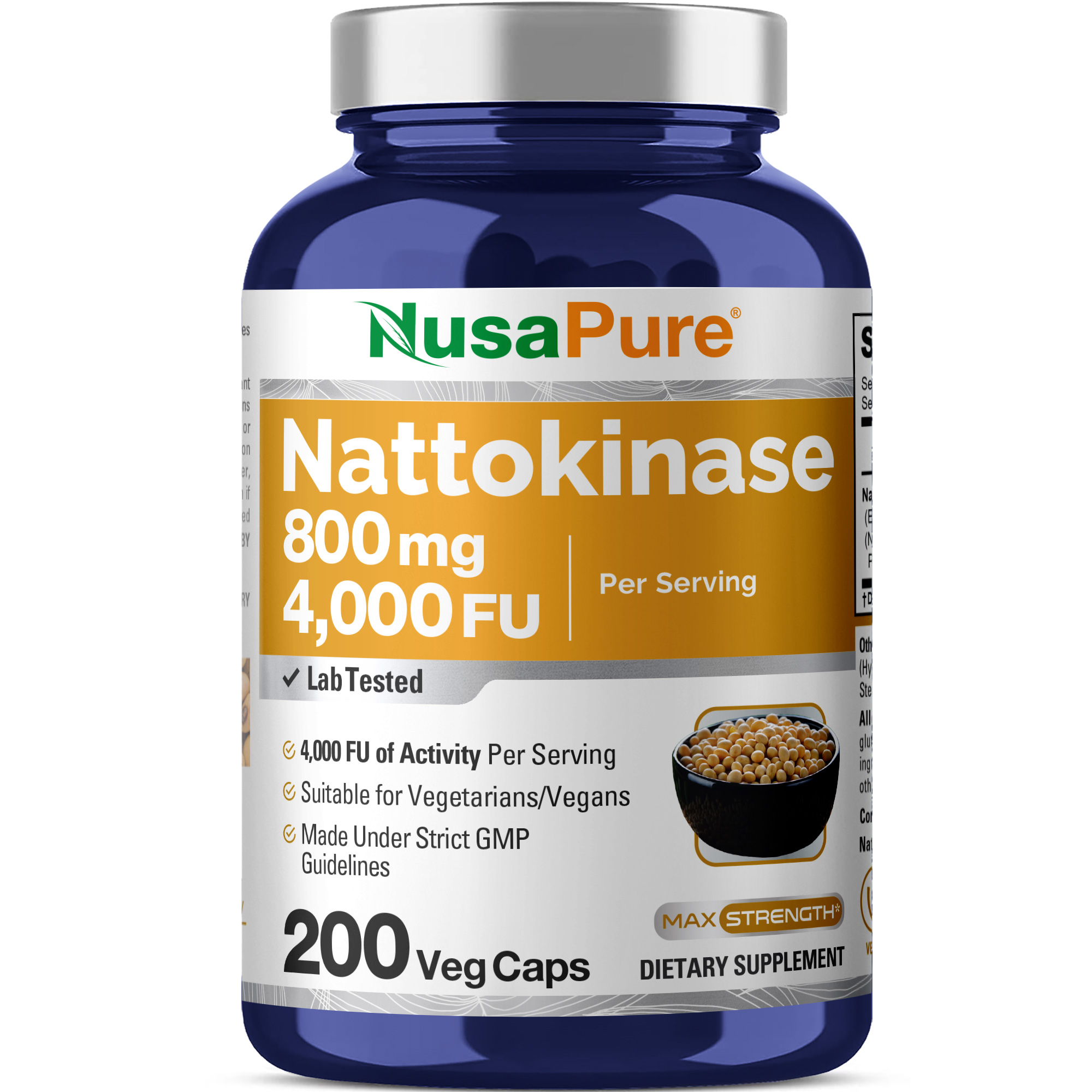 Nattokinase 4000 FU / 800mg - 200 Veg Caps ( 100% Vegetarian, Non - GMO )