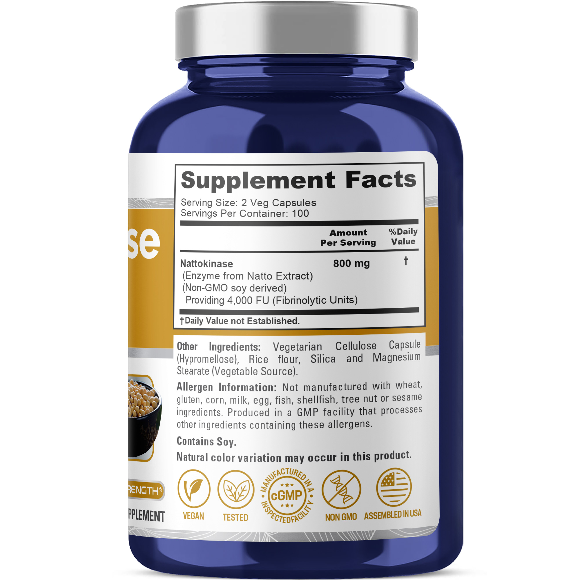 Nattokinase 4000 FU / 800mg - 200 Veg Caps ( 100% Vegetarian, Non - GMO ) - Image 2