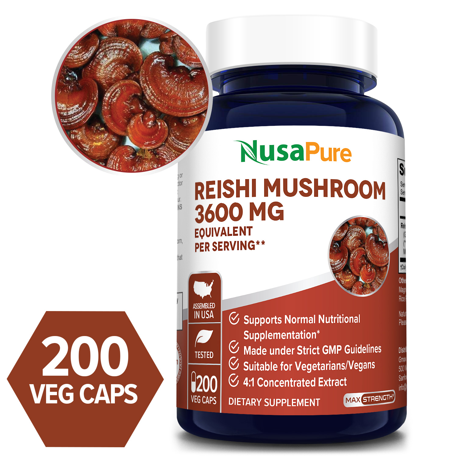 Reishi Mushroom Extract 3600 mg 200 Veg Caps (100 Vegetarian, NonGMO & Glutenfree) Nusapure