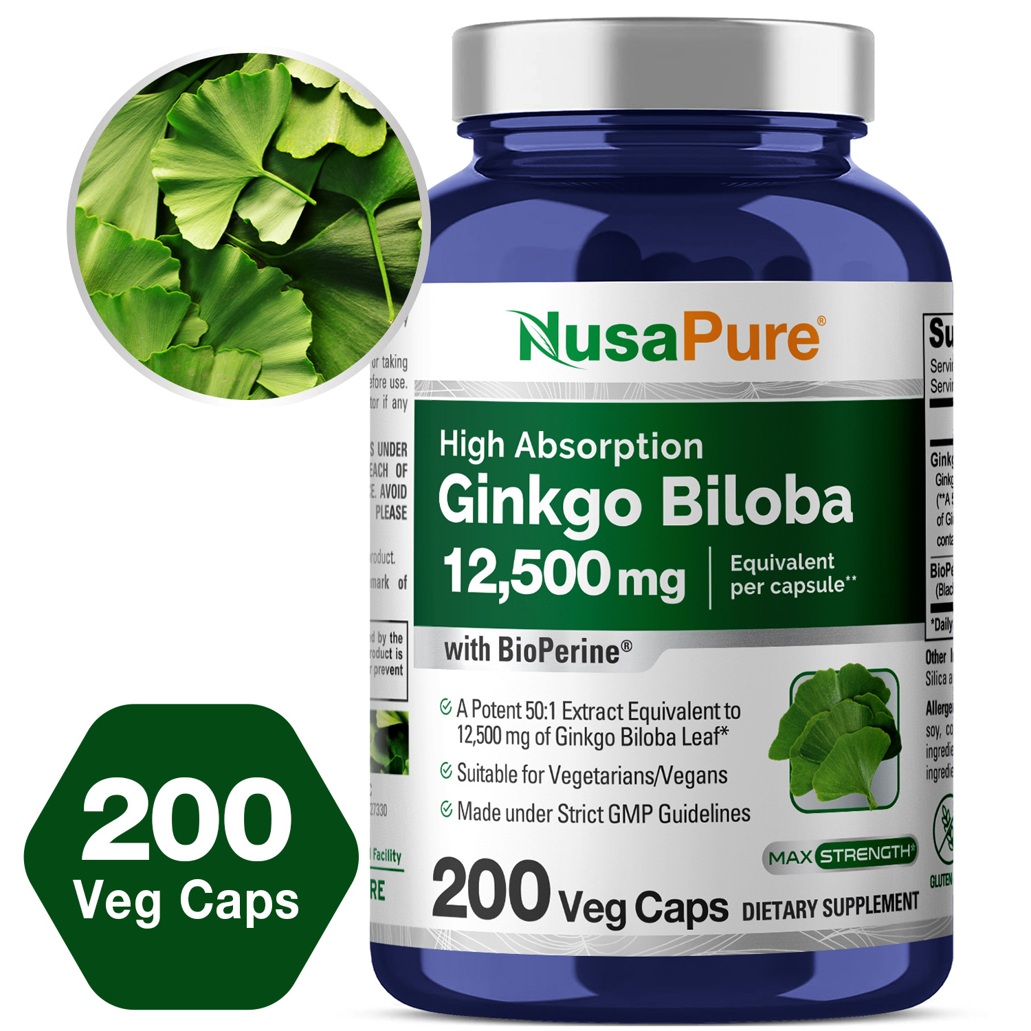 Ginkgo Biloba 12,500mg - 200 Veg Caps(100% Vegetarian, Non-GMO & Gluten-free) with Bioperine