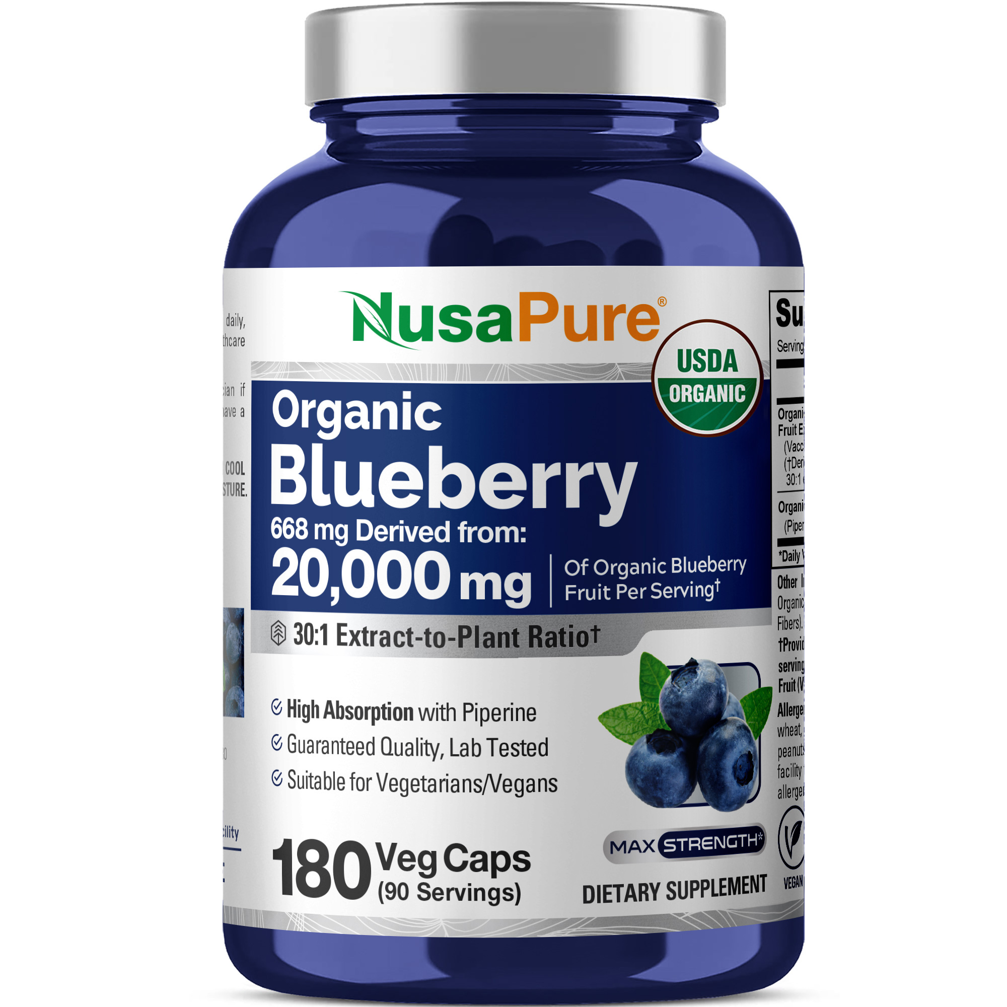 NusaPure Blueberry Concentrate 30:1 Extract, 667 mg Equivalent to 20,000 mg 180 Veg Caps Suitable for Vegetarian, Vegan, Non-GMO)