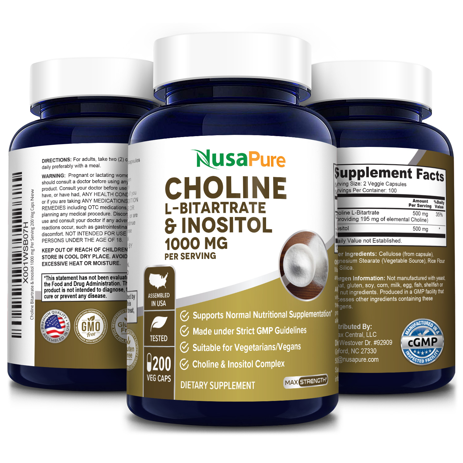 Choline & Inositol 1000 mg 200 Veg Caps (100 Vegetarian, NonGMO