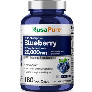 NusaPure Blueberry Concentrate 30:1 Extract, 667 mg Equivalent to 20,000 mg 180 Veg Caps  Suitable for Vegetarian, Vegan, Non-GMO)