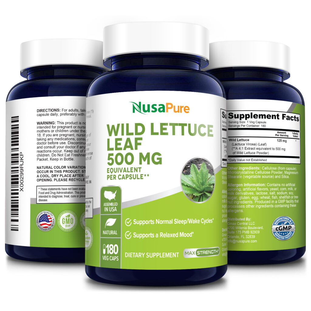 Wild Lettuce Leaf 500mg 180 Veg Caps ( 100 Vegetarian, Non GMO