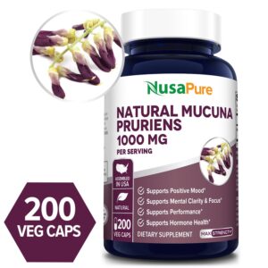 Natural Mucuna Pruriens 1000 mg- 200 Veg Caps (100% Vegetarian, Non-GMO & Gluten-free)