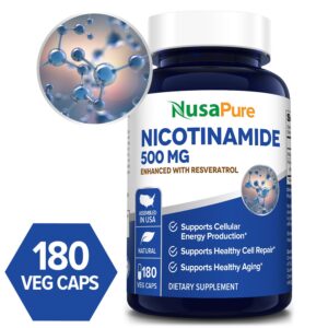 Nicotinamide with Resveratrol 500mg -180 Veg Caps( 100 % Vegetarian, Non-GMO, Gluten-free)