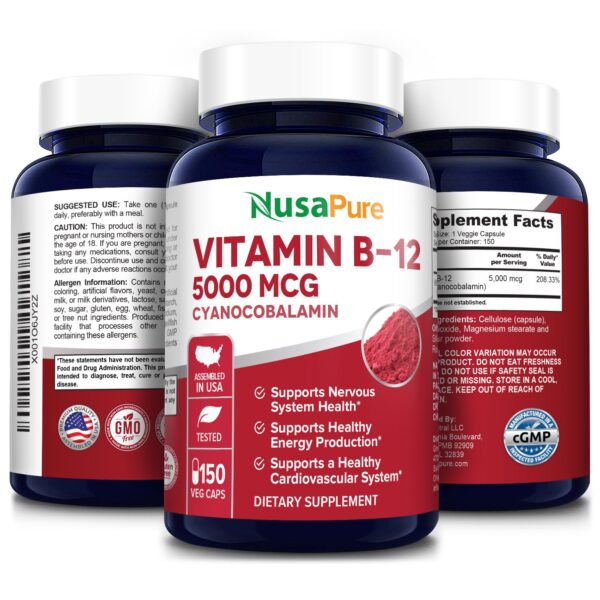 Vitamin B12 5000 MCG 150 Veg Caps (100 Vegetarian, NonGMO & Gluten