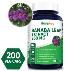 Banaba Leaf Extract 250 mg - 200 Veg Caps 200 days supply. (Non-GMO & Gluten Free) 2% Corosolic Acid