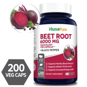 Beet Root 6000 mg - 200 Veg Caps (Vegetarian, Non-GMO & Gluten Free) with Black Pepper