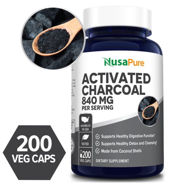 Activated Charcoal 840 mg- 200 Veg Caps (100% Vegetarian, Non-GMO & Gluten-free)