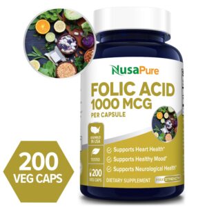 Folic Acid 1000 mcg - 200 Veg Caps (100% Vegetarian, Non-GMO, & Gluten-free)