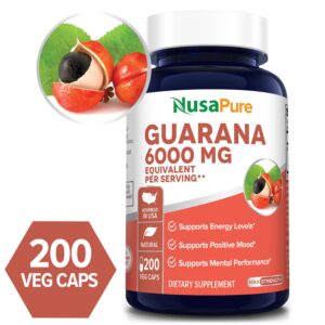 Guarana 6000 mg - 200 Veg Caps (100% Vegetarian, Non-GMO & Gluten-free)