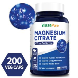 Magnesium Citrate 833 mg - 200 Veg Caps (Vegetarian, Non-GMO & Gluten-free)