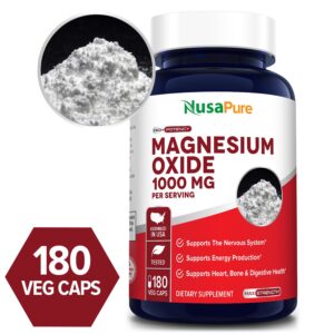 Magnesium Oxide 1000 mg - 180 Veg Caps (100% Vegetarian, Non-GMO & Gluten-free)