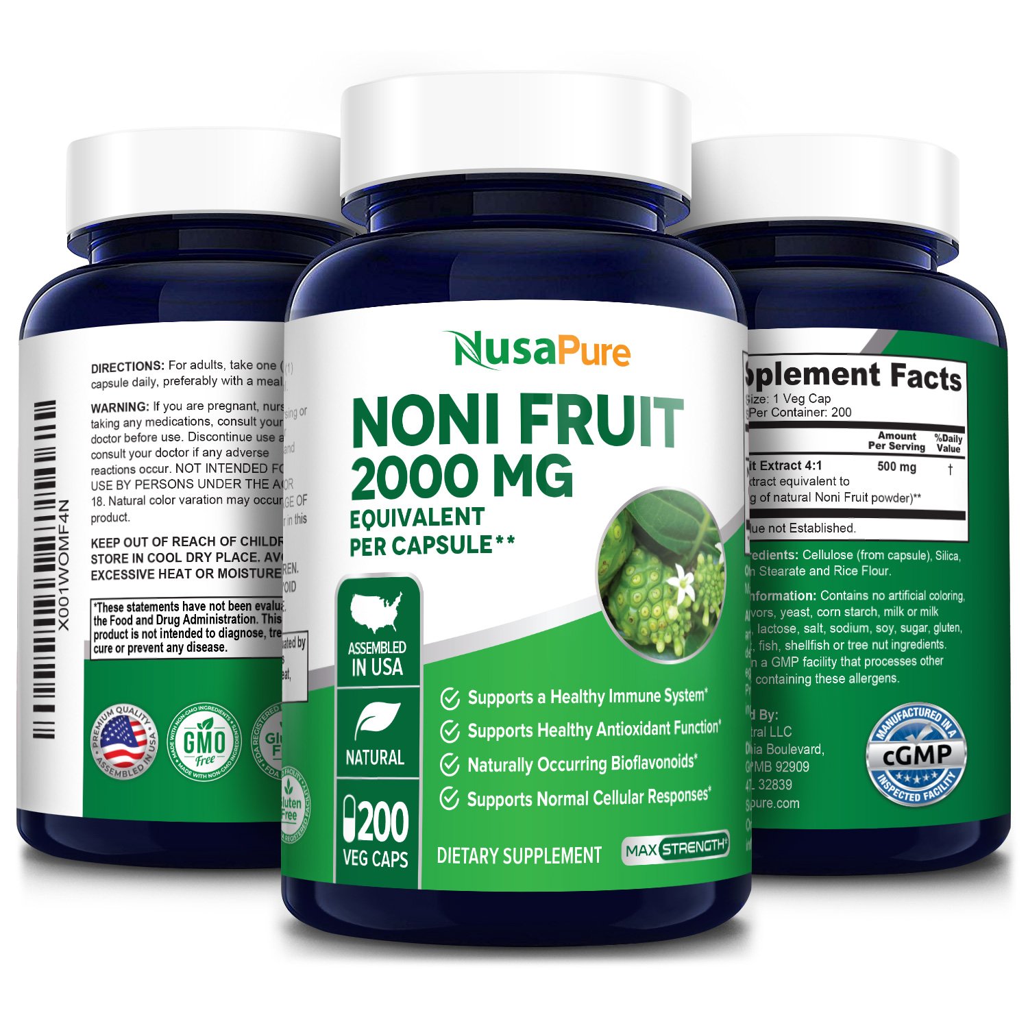 Noni Fruit 2000 mg 200 Veg Caps (100 Vegetarian, NonGMO & Glutenfree) Nusapure