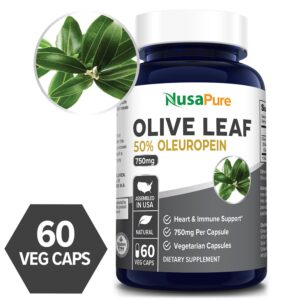 Olive Leaf Extract 50% Oleuropein- 60 Veg Caps (100% Vegetarian, Non-GMO, Gluten-free)