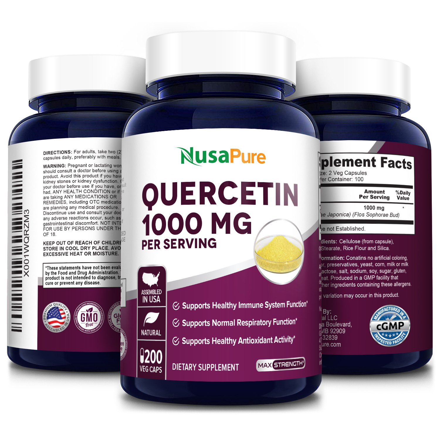 Quercetin 1000 mg - 200 Veg Caps (100% Vegetarian, Non-GMO & Gluten-free)