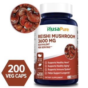 Reishi Mushroom Extract 3600 mg - 200 Veg Caps (100% Vegetarian, Non-GMO & Gluten-free)