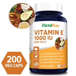 Vitamin E (Non-Oily) 1000 IU - 200 Veg Caps (100% Vegetarian, Non-GMO & Gluten-free)